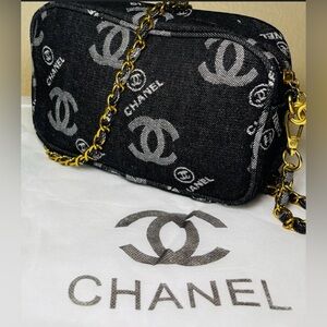 CHANEL Black Denim Makeup Bag Chain Crossbody Bag Limited VIP Gift